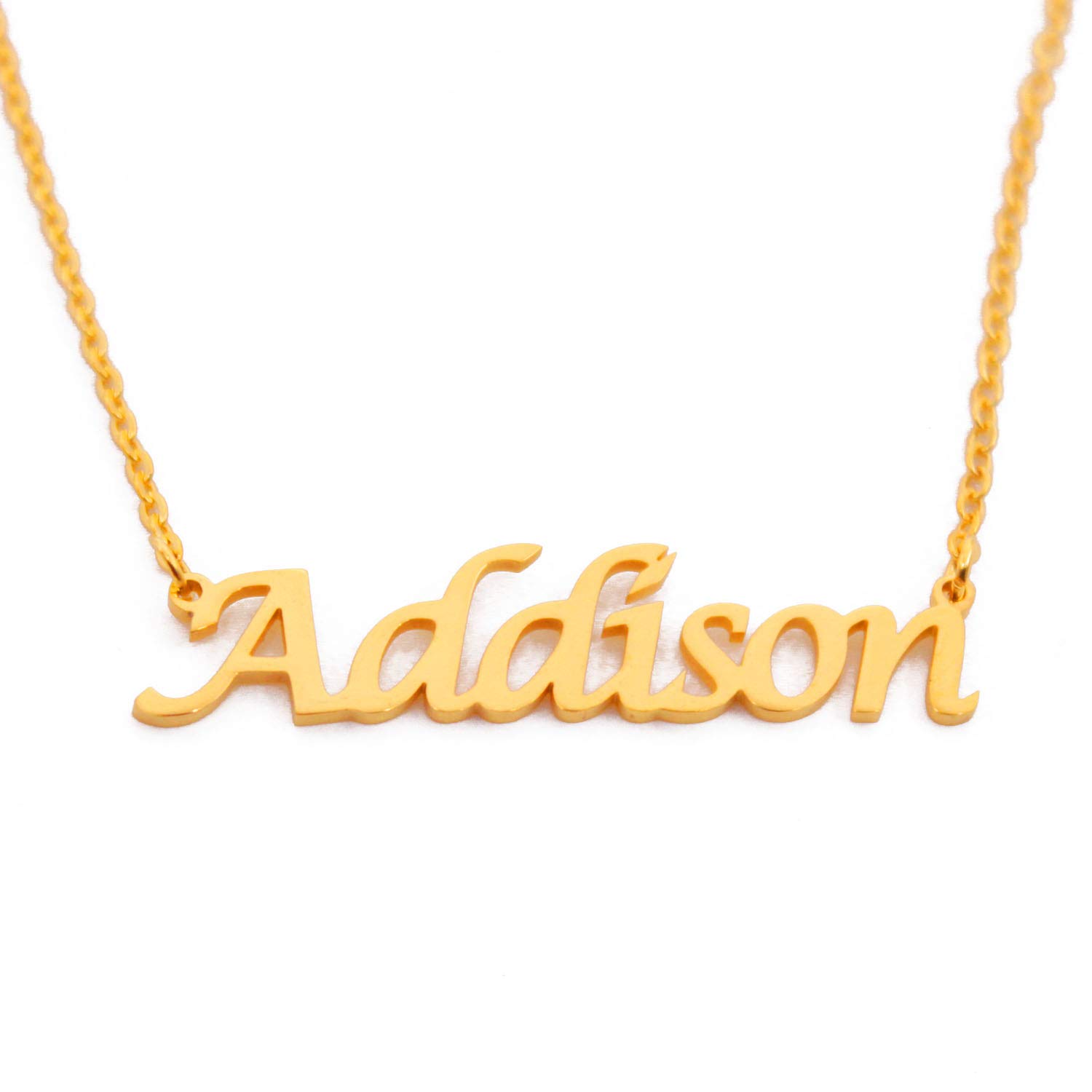 Kigu Addison Name Necklace Personalised 18ct Gold Plated, Custom Dainty Name Pendants, Jewellery for Ladies, Girlfriend, Mother, Sister, Friends Inc Bag & Box