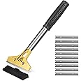 4 inch Razor Blade Scraper, Long Handle Large Cleaning Scraper Tool with 10PCS Extra Metal Blades for Removing Paint, Stickers, Adhesive, Caulk, Cement, Decals, Labels, from Floor, Glass, Window