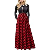 MEROKEETY Women's Long Sleeve Plaid Empire Waist Full Length Maxi Dress with Pockets