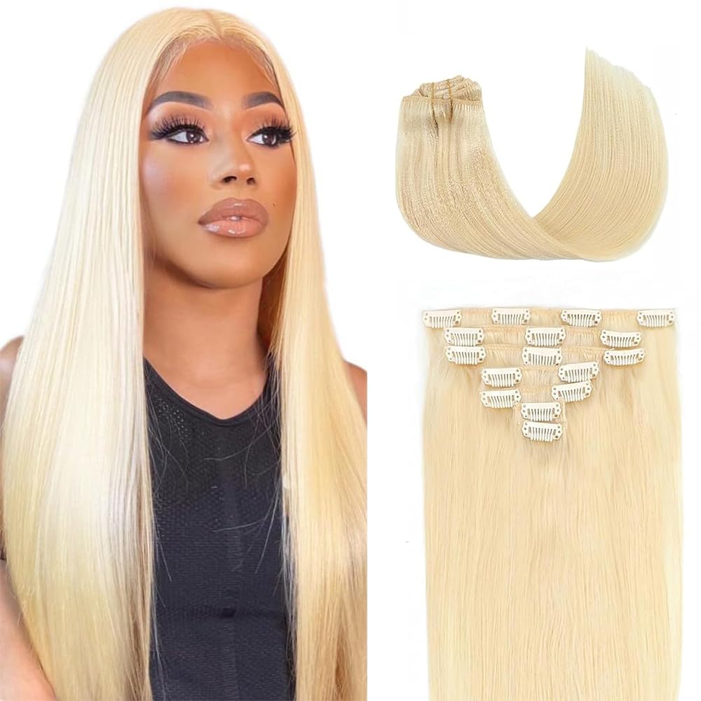 Photo 1 of #613 Blonde Clip in Hair Extensions Human Hair, Blonde Straight Remy Human Hair Extensions Clip ins for Women, 26 Inch 120g 7Pcs, Color #613 Hair Extension