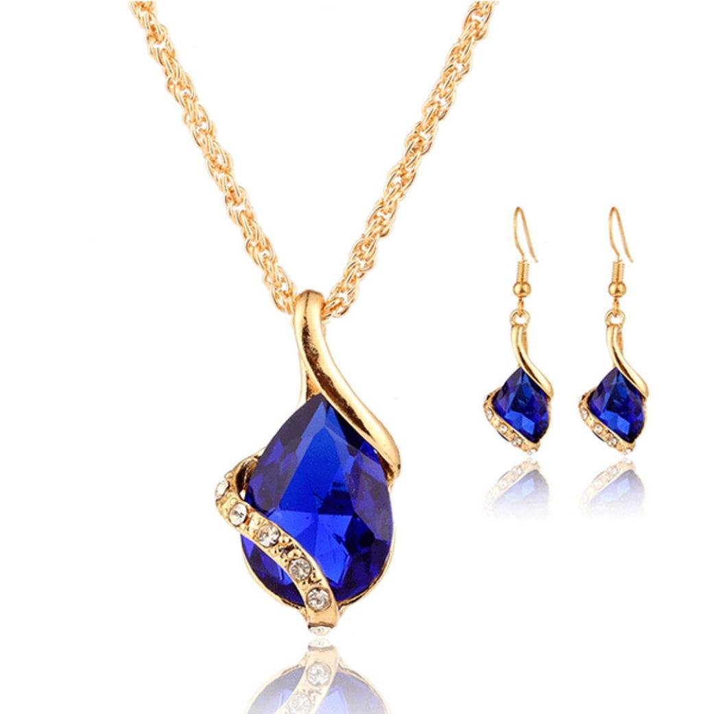Funic 1Set Women's Heart-Shaped Crystal Necklace Pendant Drop + Earrings Jewelry Gifts (Dark Blue)