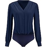 Hobemty Women's Button Down Bodysuit Long Sleeve V Neck Classic Business Work Shirt Top