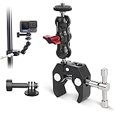 Mechrig Camera Clamp Mount with Dual Ballhead Magic Arm, 360° Double Ball Head Adapter with 1/4"-20 & 3/8"-16 Thread for DSLR, Action Camera, Phone, Monitor, LED Light, Microphone (SJ019)