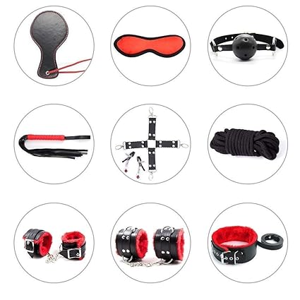 10 Pcs Tactical Handcuffs Ankle Cuffs Bracelet Kits Women System Kit Medical Grade Straps with Comfortable Wrist and Ankle Cuffs Fits Almost Any Size Mattress Eyemask Black and Red