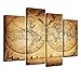 sechars - Canvas Wall Art Panels Vintage World Map Painting Framed - 4 Pieces Canvas Art Retro Antiquated Map of The World Painting Abstract Picture Artwork for Home Office Decor