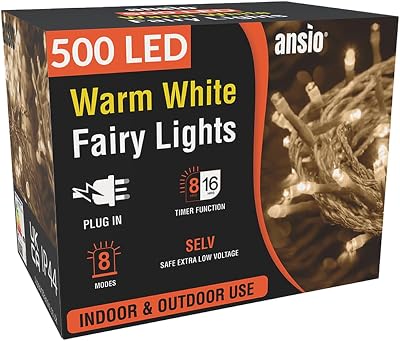 ANSIO Christmas Lights 500 LED 50m Warm White with Timer IP44 USB? Mains