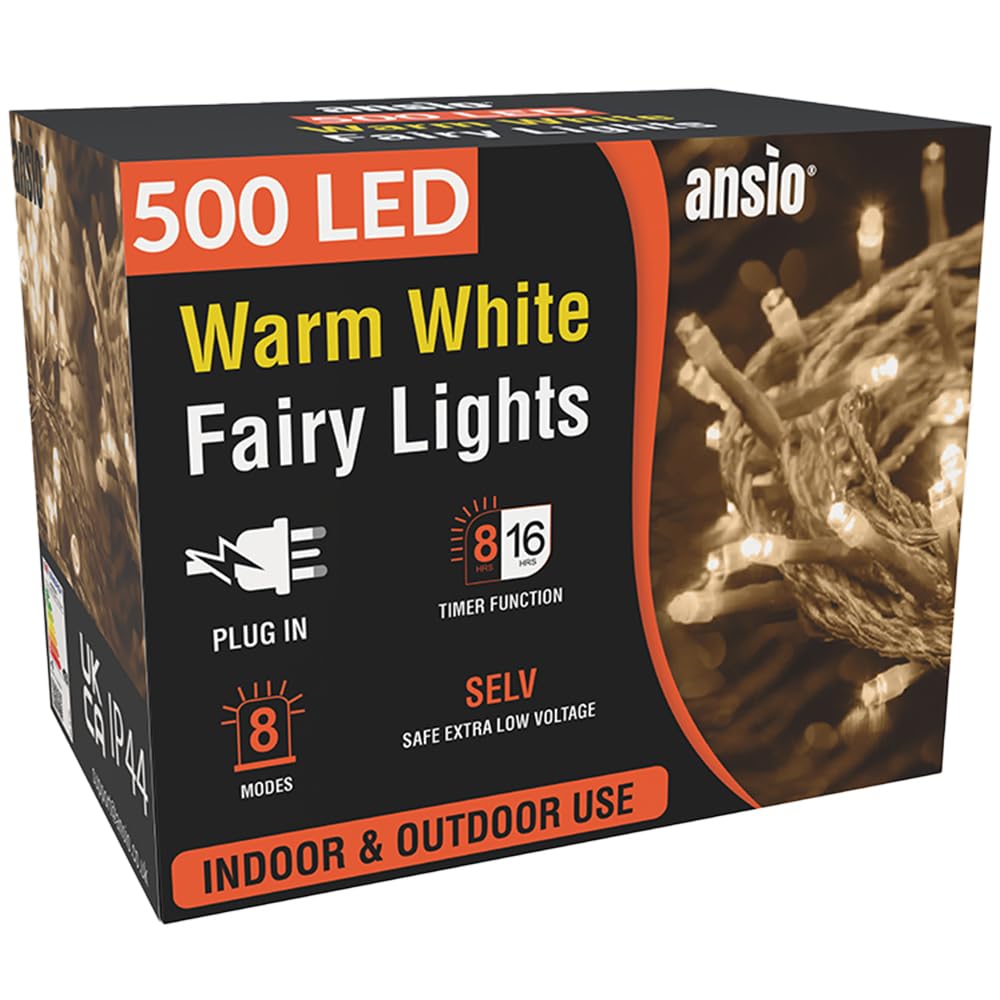 ANSIO® Christmas Lights 500 LED 50m/164ft Christmas Tree Lights for Indoor & Outdoor Warm White Decorations Fairy String Lights with Timer for Xmas Garden Bedroom & Party | Mains Powered Clear Cable