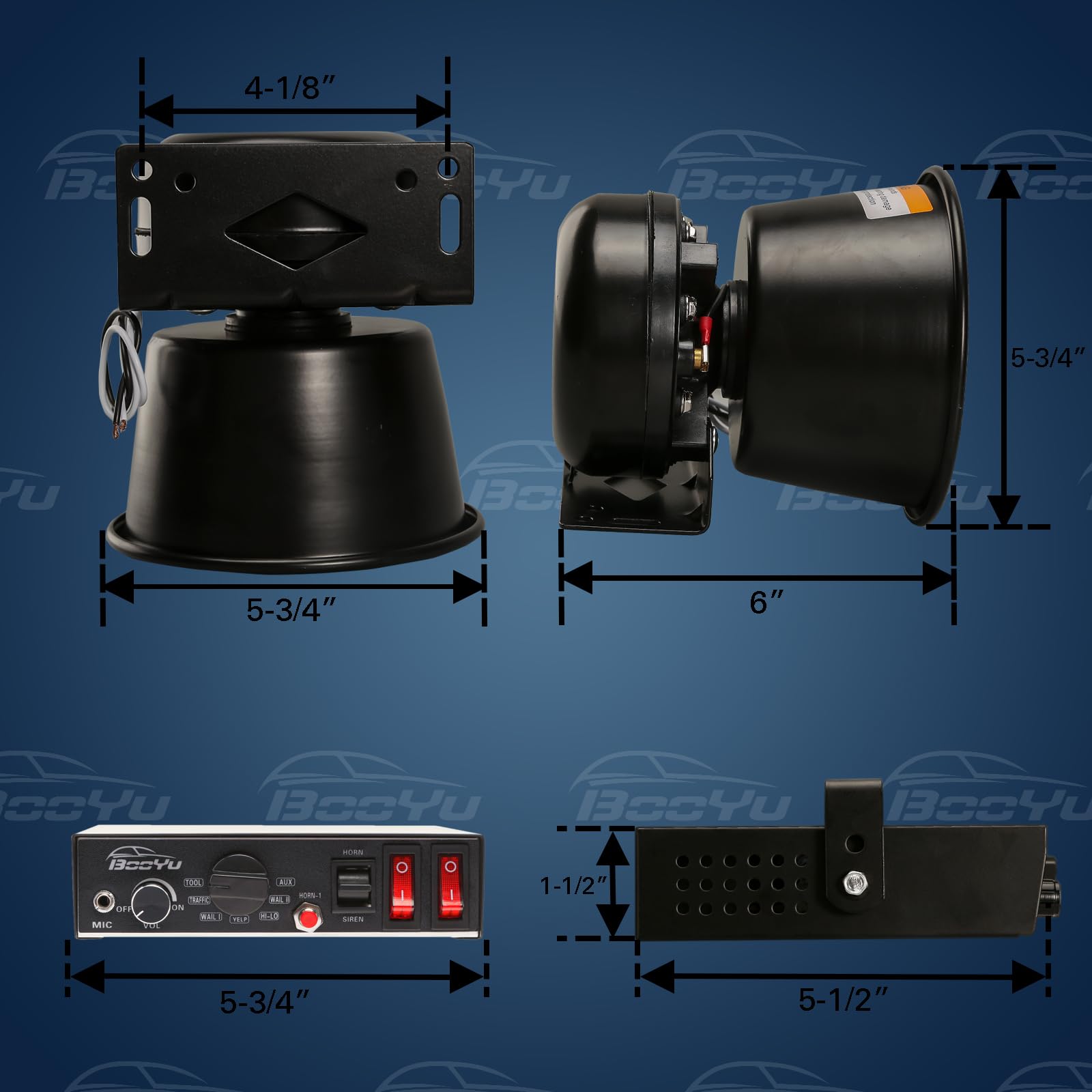 BooYu 9 Tone 12V 200W Warning Emergency Police Siren PA System [Black Steel Speaker][Handheld Microphone][Hands-Free][125-135dB][2 x 10A Switches] for Firefighter Ambulance Vehicles Truck SUV ATV UTV