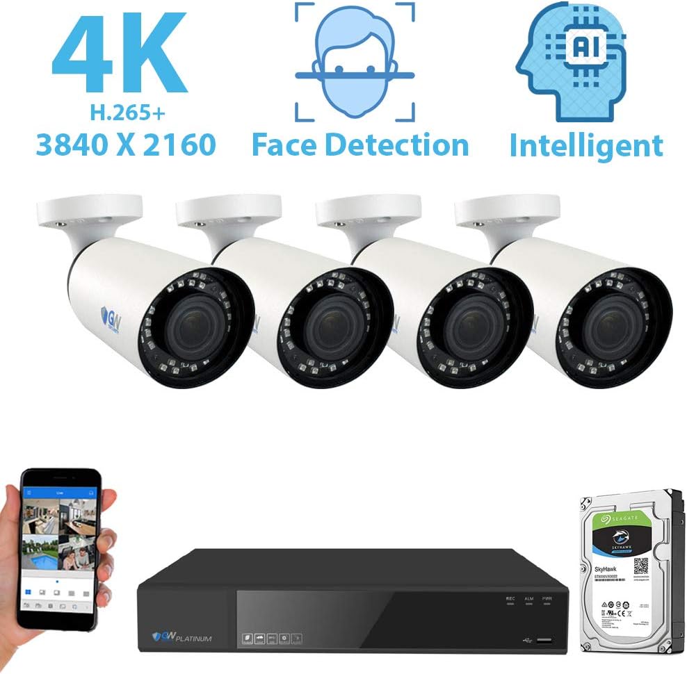 GW Security 8 Channel 4K NVR 8MP (3840x2160) H.265+ IP PoE Starlight Security Camera System with 4 Outdoor/Indoor 2.8-12mm Varifocal Zoom 8.0 Megapixel 2160P Smart AI Cameras, Face Detection