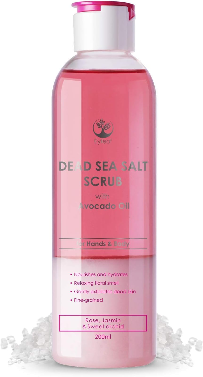 Eylleaf Dead Sea Salt Scrub with Avocado Oil, Exfoliating Body Scrub and Dry Skin Moisturiser for Natural Smooth Skin 200ml