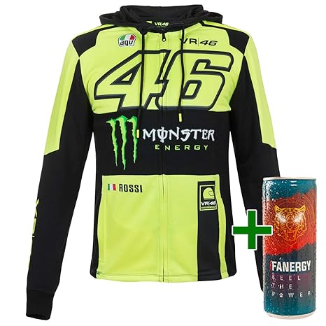 Valentino Rossi VR46 Herren Jacke Zip-Hoodie Kapuzenjacke Pullover Fanartikel Helm Helmet Gelb + Fanergy Energy Drink