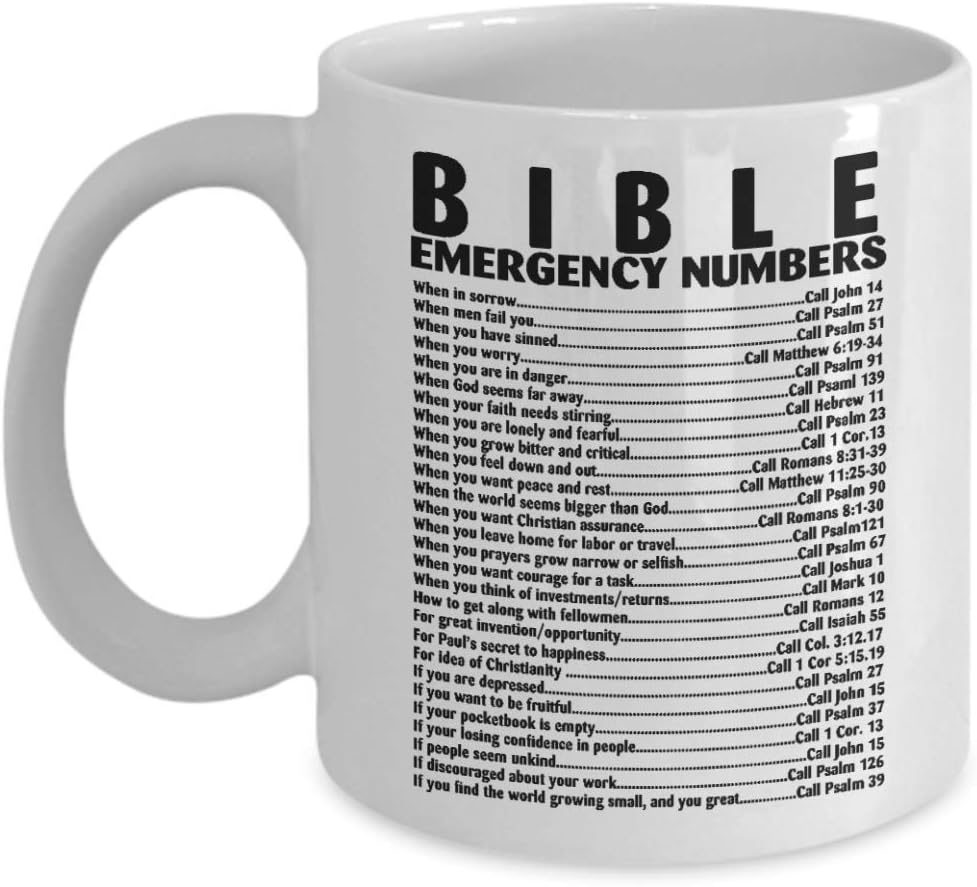 Mug Bible - Emergency Number Quote Christian Coffee Cup - Funny Travel Gift for Grandma Grandpa Men Dad Women Mom - 11 Oz White Ceramic