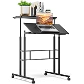 Athena Collection Height Adjustable Rolling Desk Mobile Portable Laptop Stand Cart Small Sit Standing Desk Computer Table Workstation for Home Office, Black