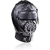 Full Face Mask Head Hood Faux Leather Open Mouth Bondage Restraints Face Mask with Lid, Fetish BDSM SM Game Blindfold, Full H