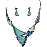 Fenni Jewelry Irregular Enamel Triangle Shape Collar Bib Statement Necklace Earrings Set Women Bridal Jewelry