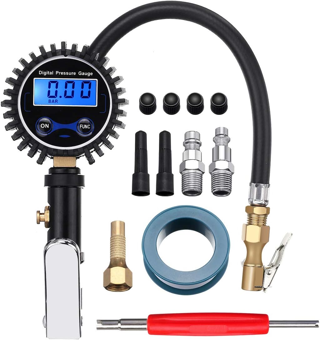 VADIV Air Pressure Gauge, 200 PSI Digital Tire Inflator with LED Display and American/European Connectors, Used to Measure/Discharge/Charge Air Pressure of Cars,Motorcycles,Bicycles,Trucks
