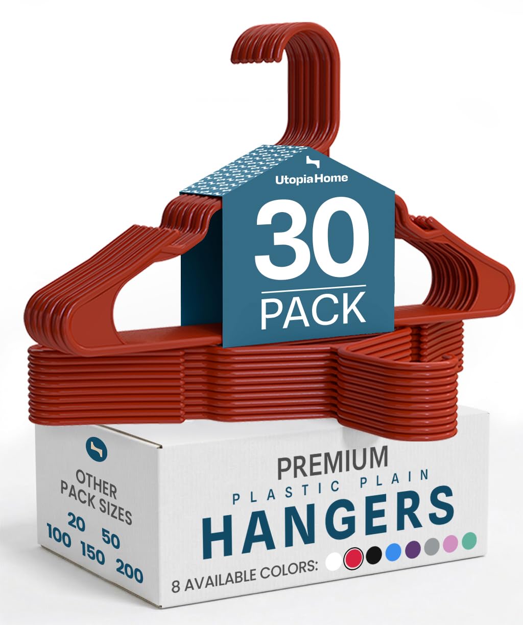Utopia Home 30 Pack Plastic Hangers Space Saving, Durable Hanger with Shoulder Grooves, Red