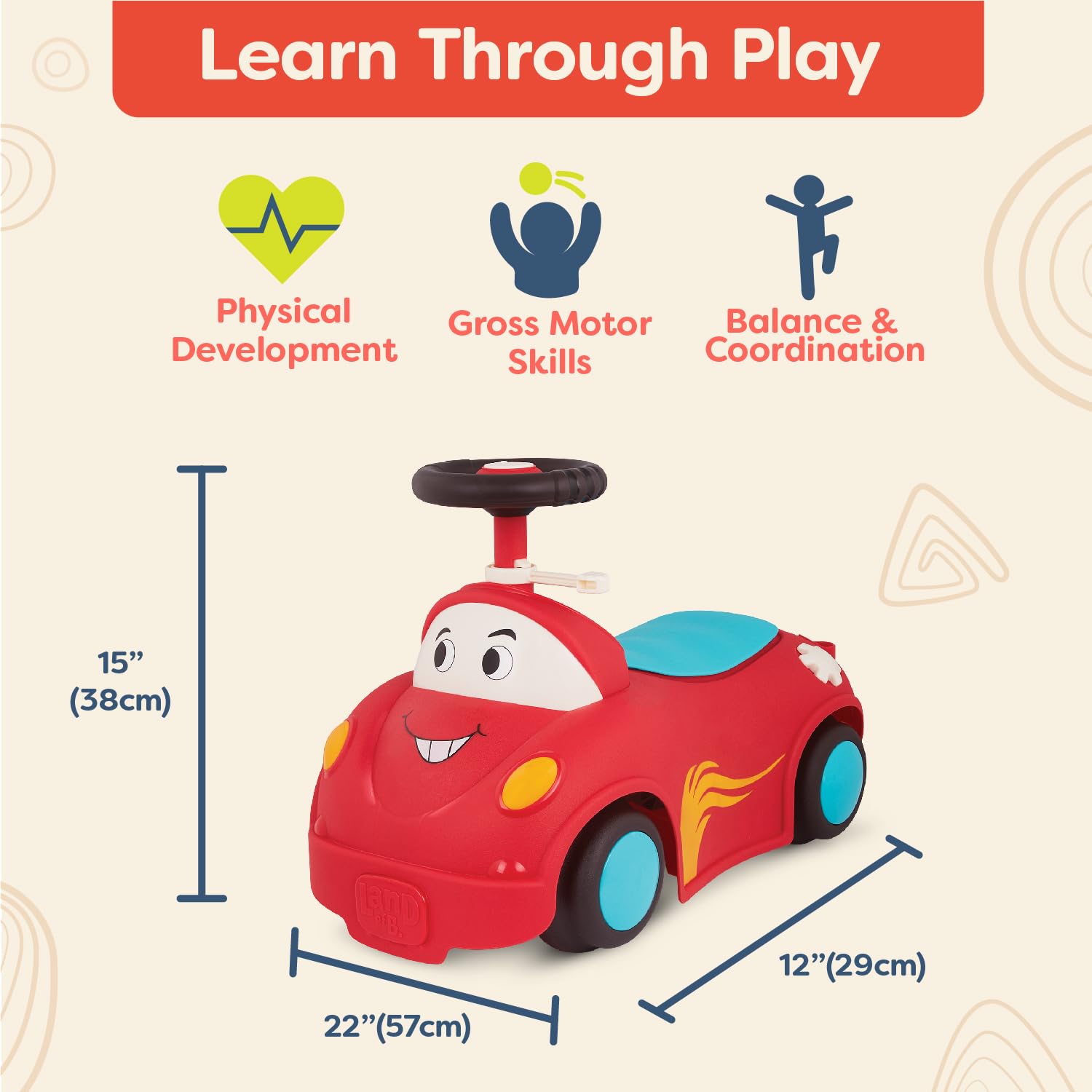 B. toys – Push CarToy – Ride – On Race Car – Walker Toy – Handle & Storage Space – Lights, Songs & Sounds – 1 Year + – Rollin' Riders – Freddy Zoom