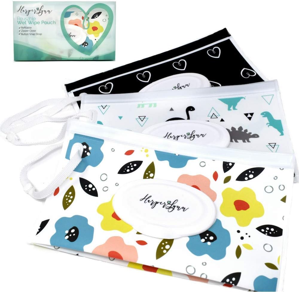 HarperLynn Reusable Baby Wipes Pouch - (3 Pack) Travel Wet Wipe Dispenser Clutch - Attach to Stroller and Refill w/up to 30 Diaper or Makeup Remover Wipes