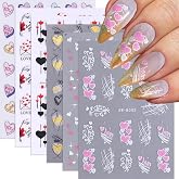 Valentines Day Nail Stickers, Heart Nail Decals with Pink White Black Gold Heart 3D Self-Adhesive Valentine Nail Art Design for Women Girls(6Sheets)