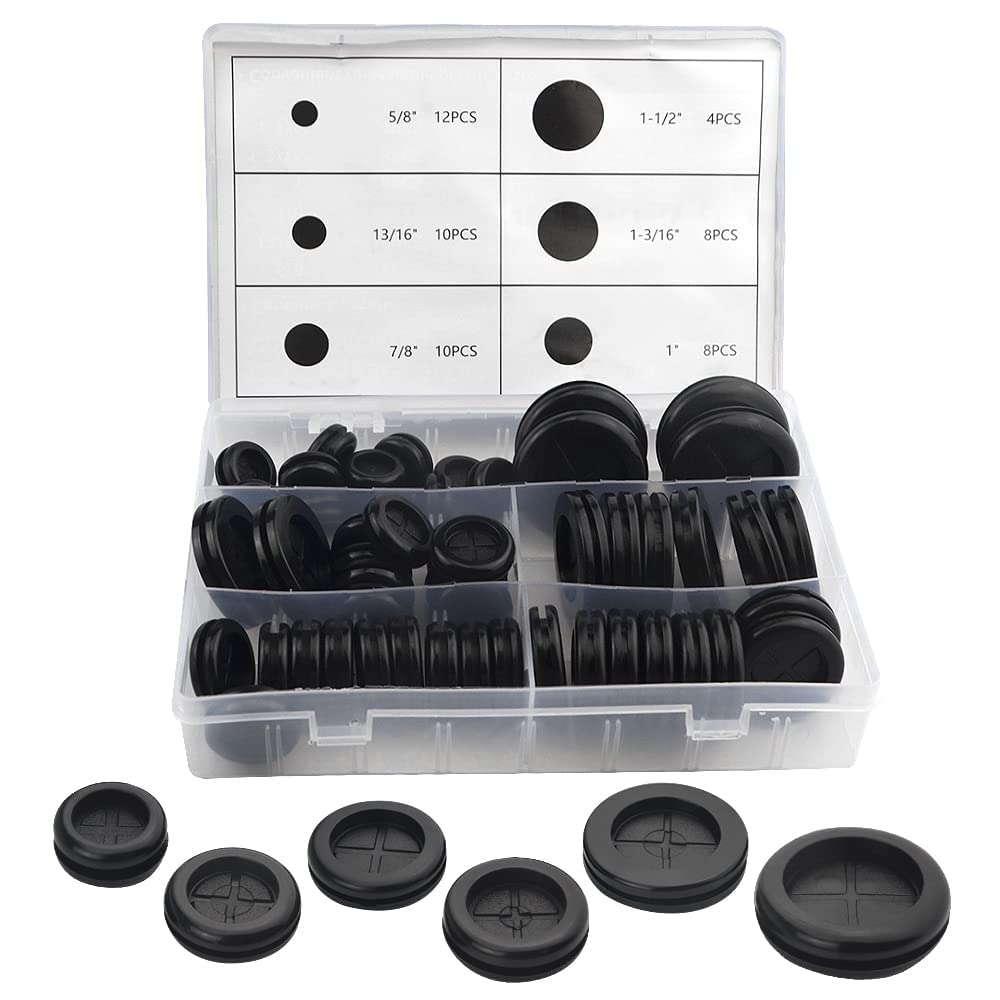 BGTXINGI 52Pcs 6 Sizes Closed Rubber Grommet Kit Double Sided Electrical Wire Gasket Solid Round Rubber Hole Plugs Assortment Set for Wire Plug Plumbing Automotive