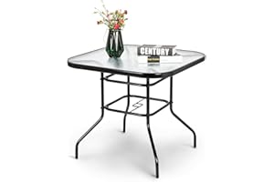 VINGLI Glass Patio Table with Umbrella Hole, 32" Square Outdoor Dining Table Steel Tempered Glass Patio Tables Outdoor Tables for Balcony Garden Deck