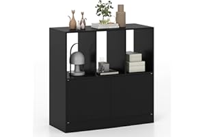 GOFLAME 3 Cube Bookcase with Doors, 3-Tier Cubby Book Shelf with 3 Open Compartments, Cabinet, Wooden Small Display Shelf, Fr