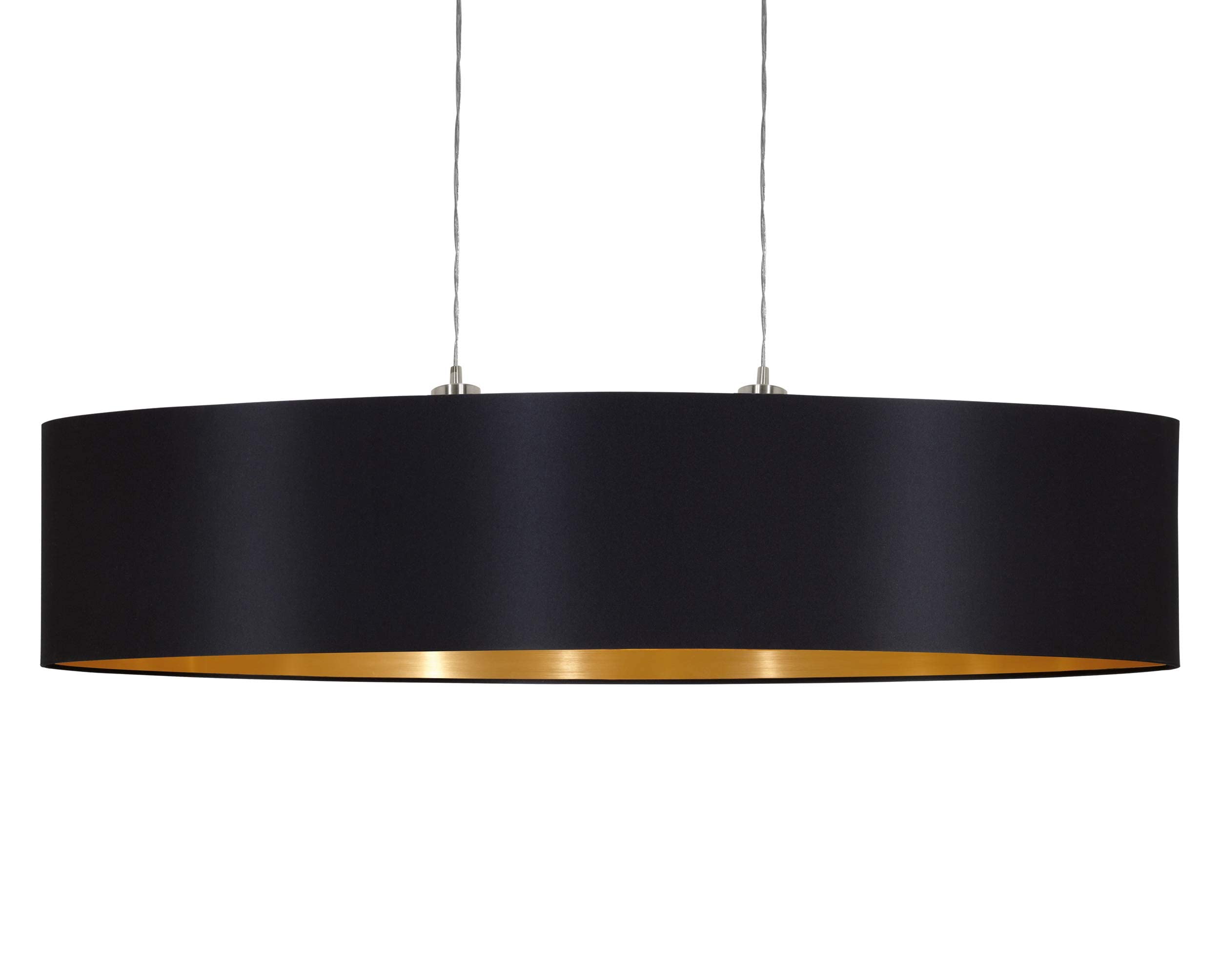 Eglo Lustre Maserlo, Suspension En Textile À 2 Flammes, Lampe Pendante Ovale En Acier Et Tissu, Couleur : Nickel Mat, Noir, Or, Douille : E27, L : 100 Cm