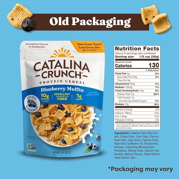 CATALINA CRUNCH PROTEIN CEREAL – BREAKFAST CEREAL WITH 10G OF PROTEIN, NO ADDED SUGAR – GLUTEN FREE – BLUEBERRY MUFFIN – 8 OZ. BAG (PACK OF 1)