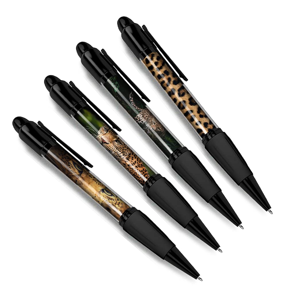 DV DESIGN Set of 4 Leopard Black Ballpoint Pens - Print Animal Nature Wildlife Wild Travel Portrait Boys Girls Men Women Theme Pen #79461