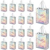 CUTHOLLOW 18 Pcs Iridescent Reusable Gift Bags with Handles for Party Favor, Bulk Non-woven Holographic Goodie Bags with Sturdy Base - Small Medium Christmas Birthday Wedding Gift Bags for Women Girl