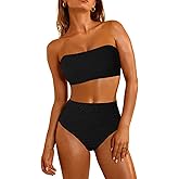 Pink Queen Women 2 Piece Bandeau Swimsuits Strapless Textured Bikini Set High Waisted Bathing Suits