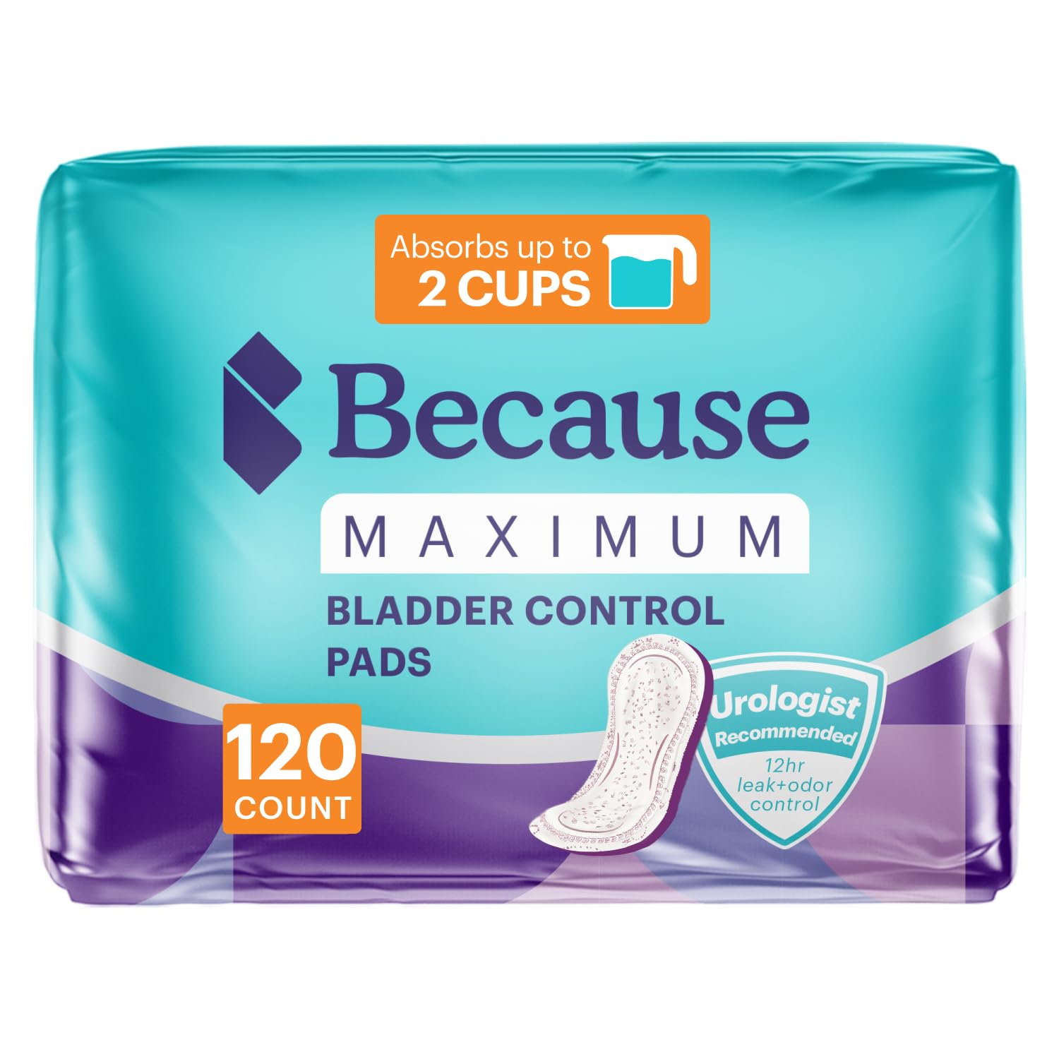 Photo 1 of Because Incontinence Pads for Women - Maximum Absorbency, Postpartum Liners, Up to 100% Leak-Free Protection, Discreet Protection for Bladder Leaks, 120 Count (6 Packs of 20) New Version