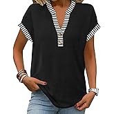 Womens Striped Henley Summer Tops V Neck Button Dressy Casual T Shirts Blouses 2026 Trendy Clothes
