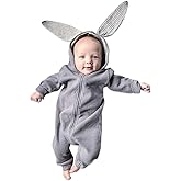 Simplee kids Animal Bunny Baby Easter Romper Long Ear Rabbit Hoodie Romper Jumpsuit with Zipper