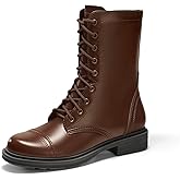 Coutgo Womens Mid Calf Combat Boots Low Heel Lace Up Round Toe Military Boots Fall Shoes with Side Zipper