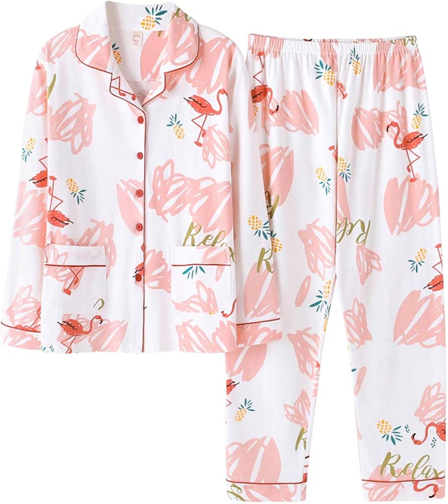 Women's Matching Pajama Sets Flamingo Print Cotton Pyjamas Button