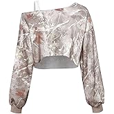 WDIRARA Women's Camo Cold Shoulder Sweatshirt Asymmetrical Neck Long Sleeve Pullover Crop Tops Streetwear