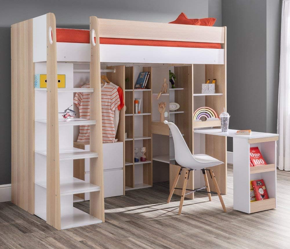 High Sleeper Storage Bed, Aurora Oak and White Wood Desk, Cupboard, Wardrobe and Drawers Loft Bed Frame