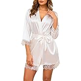 ESKTJH Women's Silk Robe Short Sexy Lace Bride Party Satin Bathrobe Kimono Sleepwear