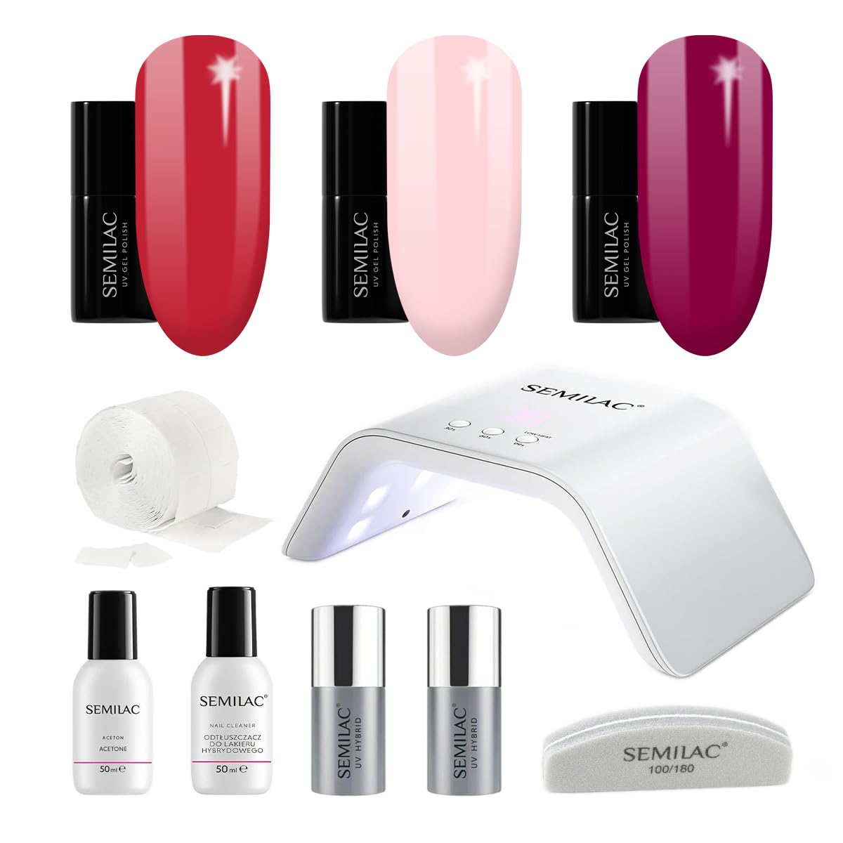 Semilac Try Me Gel Nail Starter Kit, Nail Set For Beginners - 3 x UV Gel Colours 7ml, UV/LED Lamp, Top & Base Coat 7ml, Tools & More For Perfect Manicure Tools & More - 028 Classic Wine
