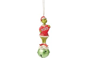 Enesco Dr. Seuss Grinch by Jim Shore Standing on a Jingle Bell 2025 Dated Hanging Ornament, 5.5 Inch, Multicolor