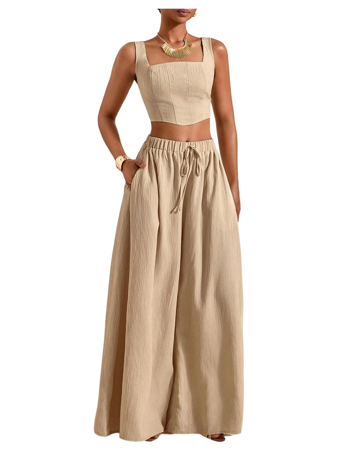 Photo 1 of *small* SOLY HUX Women's 2 Piece Outfit Square Neck Crop Tank Top and Drawstring Wide Leg Flowy Pants Set Solid Khaki Small