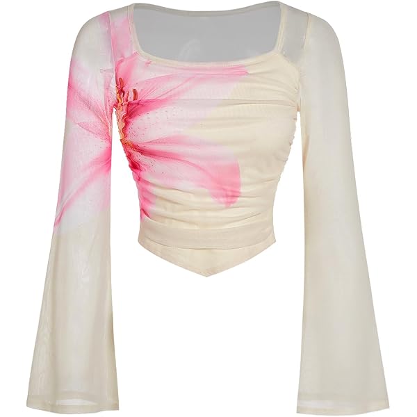 Amazon.com: Milumia Girl's Floral Print Bowknot Bell Sleeve Crop