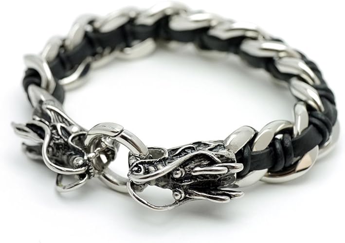 Amazon シルバーワン Ho 黒レザー ステンレス 双龍 ブレスレット メンズ ツイン ドラゴン ヘッド 本革ブラック ブレスレット 通販