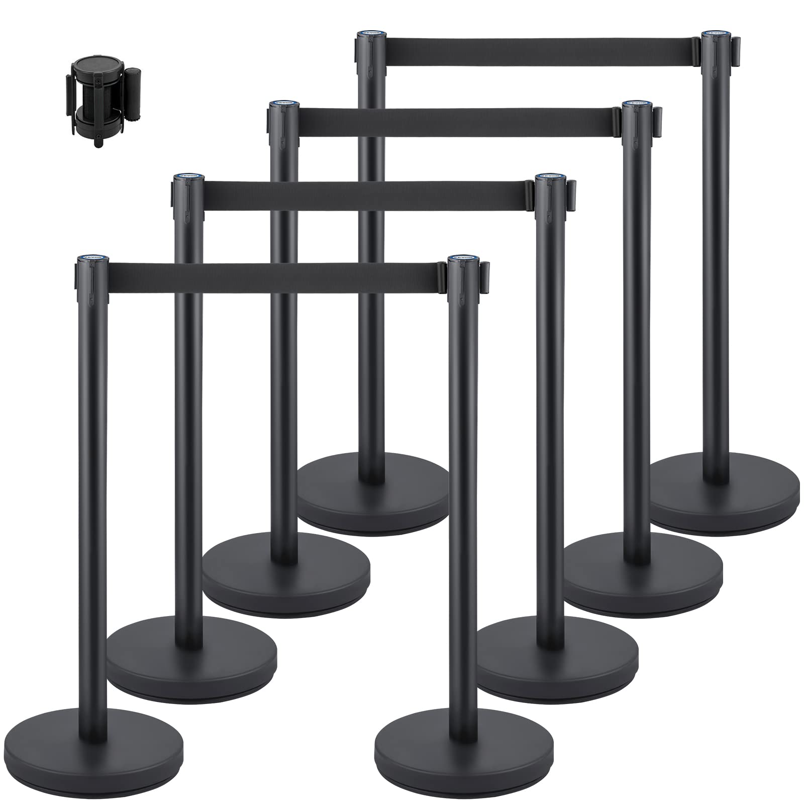 Photo 1 of VEVOR Crowd Control Stanchion Set, Stanchion Set with 6.6 ft/2 m Black Retractable Belt, Black Crowd Control Barrier w/Concrete and Metal Base - Easy Connect Assembly (8)