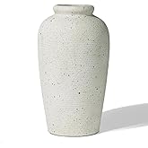 Large Beige Ceramic Rustic Vase, 11 Inch Ribbed Speckled Decorative Farmhouse Tall Vase for Home Decor, Living Room, Entryway, Shelf Decor, Mantel, Table Decoration