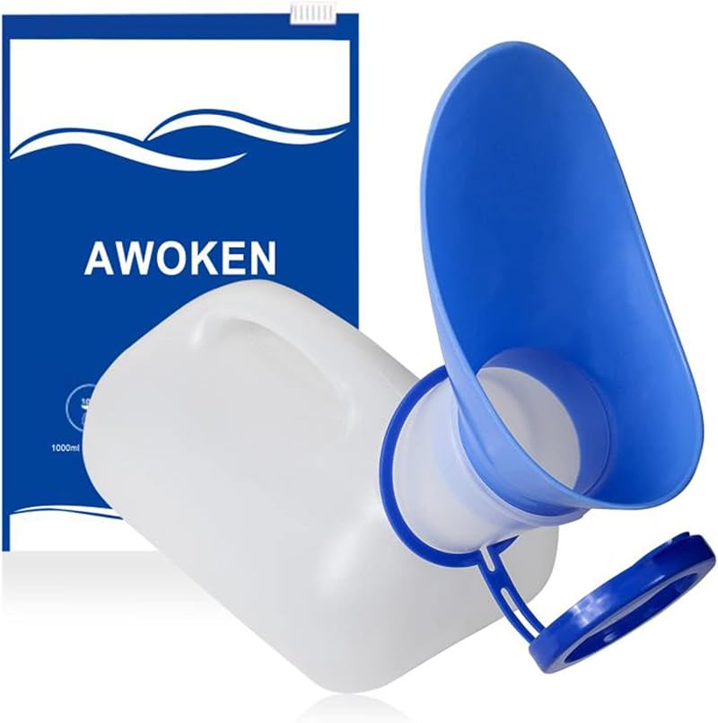 AWOKEN Unisex Portable Urinal Bottle 1000 ML with Lid Funnel Blue White