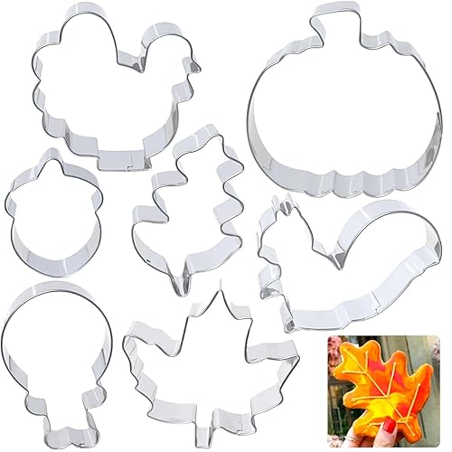 Kanehosi Thanksgiving Cookie Cutters 7PCS, Large Pumpkin Turkey Pine Cones Maple Leaf Squirrel Fall Cookie Cutters Shapes, Sturdy Metal Fondant Biscuit Cutters for Home Holiday Baking with Family