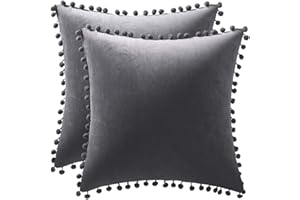 DEZENE Throw Pillow Covers 16x16 Dark-Grey: 2 Pack Cozy Soft Pom-poms Velvet Square Decorative Pillow Cases for Farmhouse Home Decor